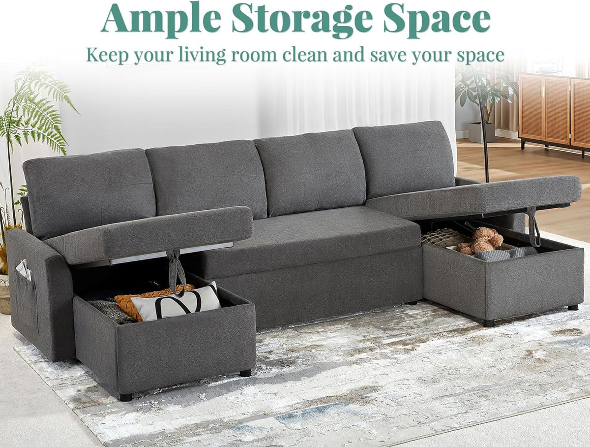 White Sherpa Sleeper Sofa with Storage Chaise Q281324