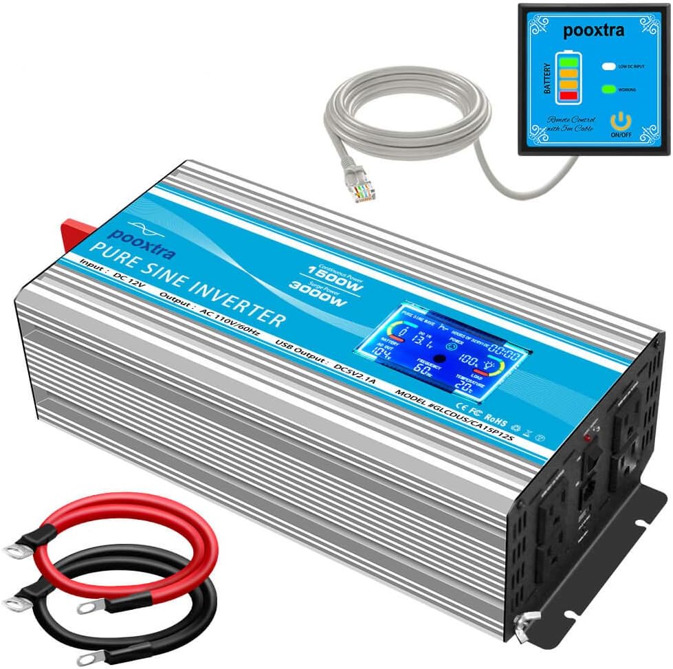 1500 Watt Pure Sine Wave Power Inverter 12V DC to 110V AC with LCD Display USB Port 4 AC Outlets X759