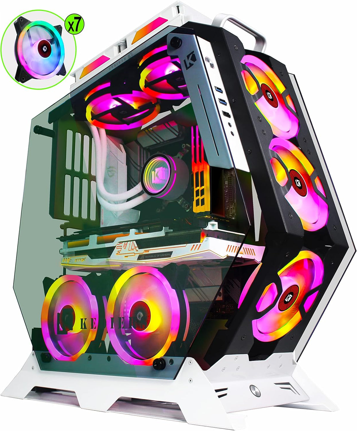 ATX Tower Tempered Glass Gaming Computer Case with 7 RGB Fans N61839