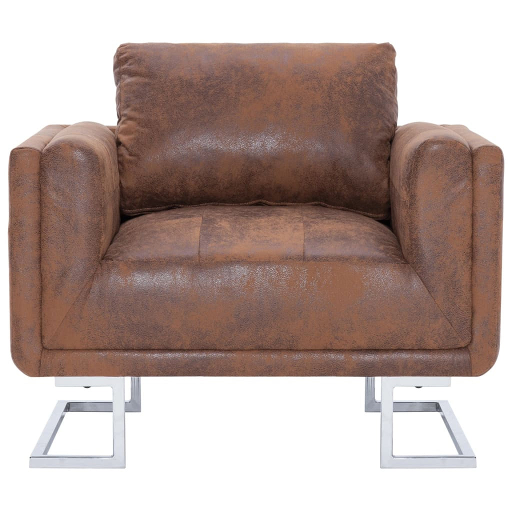 Cube Armchair Faux Suede Leather Upholstery Chair with Chrome Feet Brown G959