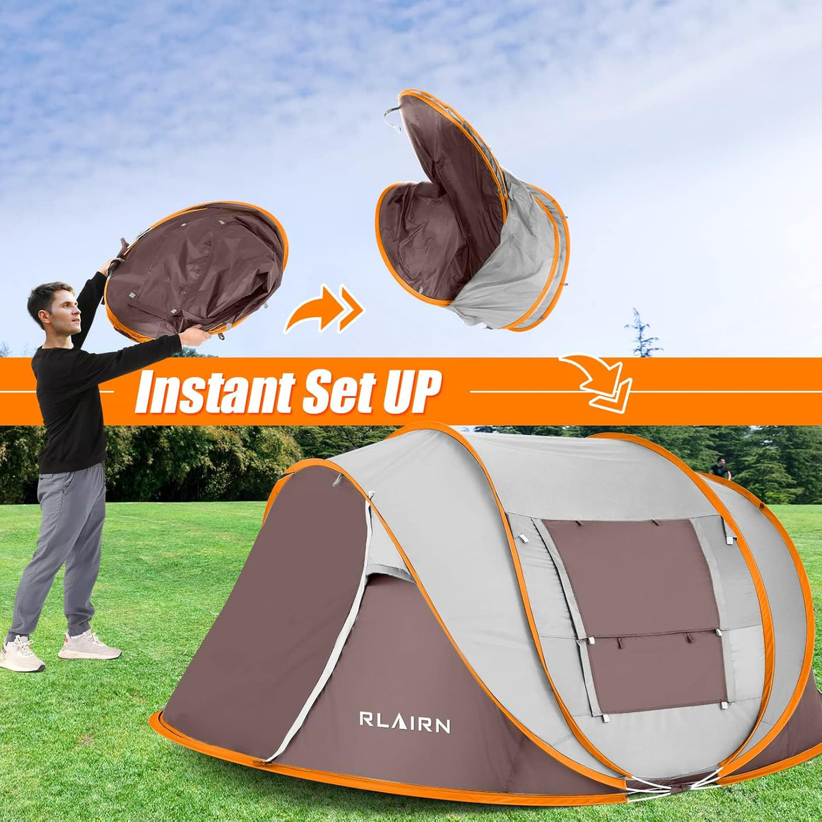 4 Person Pop Up Tent with 2 Mesh Windows & Doors Waterproof Brown Q655