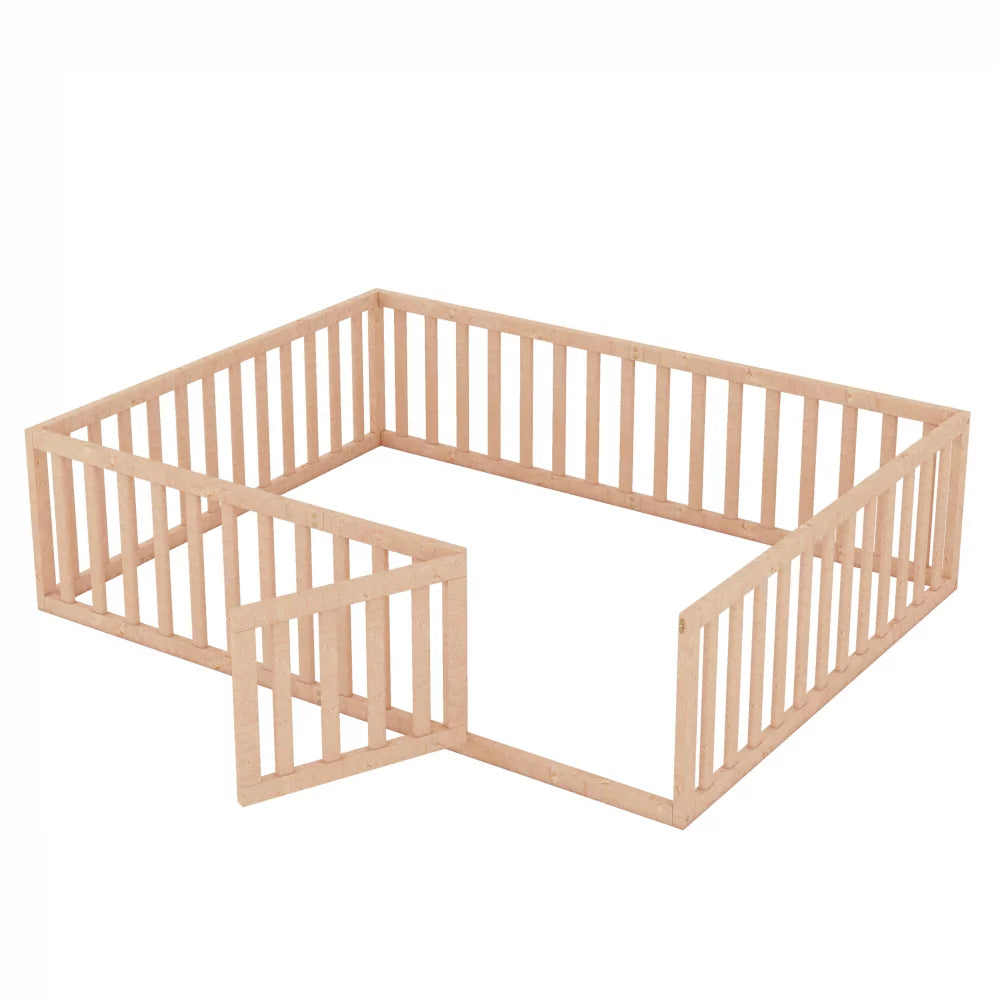 Queen Size Solid Wood Floor Bed Frame with Fence Rail and Door T50543