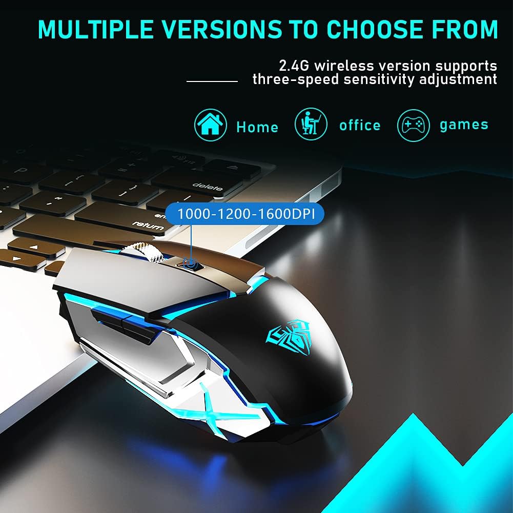 LED Wireless Gaming Mouse, 2.4G Rechargeable Ergonomic Optical, Black Pack of 2 A6970