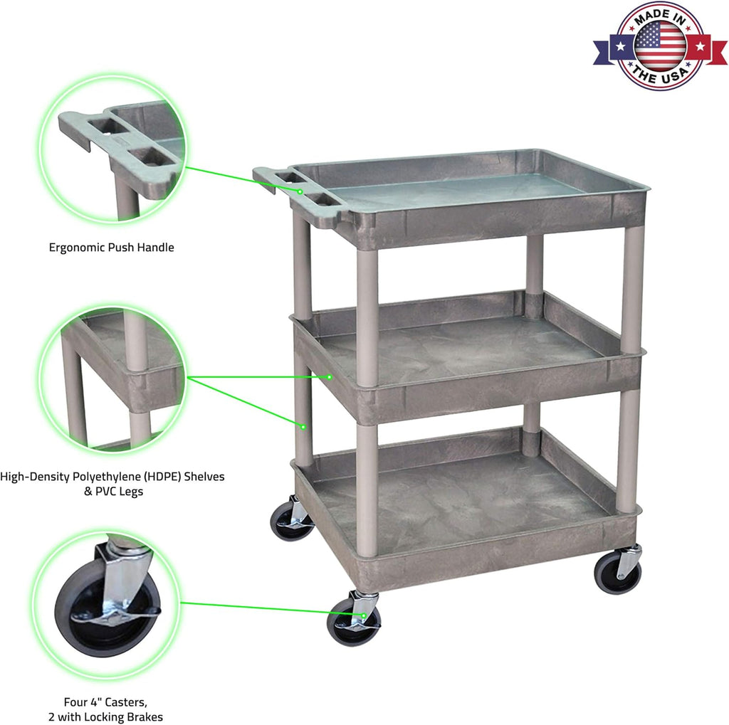 Mobile Utility Tub Cart with 3 Shelves and Push Handle Gray M788998