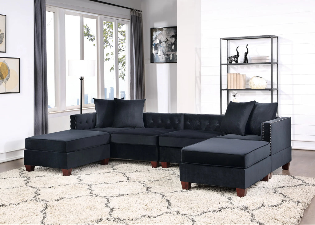 Black Velvet 4pc U-Sectional with Reversible Chaise and Ottoman Q363