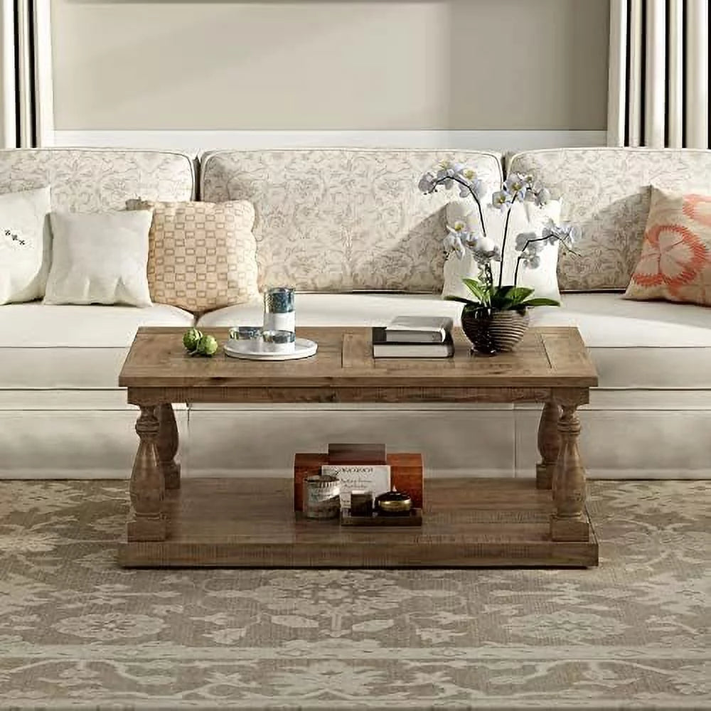 Yellow Brown Solid Pine Wood Coffee Table with Storage Shelf N35701