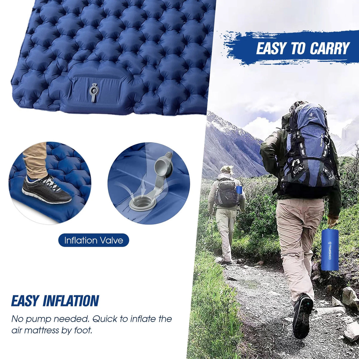 2 Person Camping Mat with Air Pillow Waterproof Backpacking Pad R666929