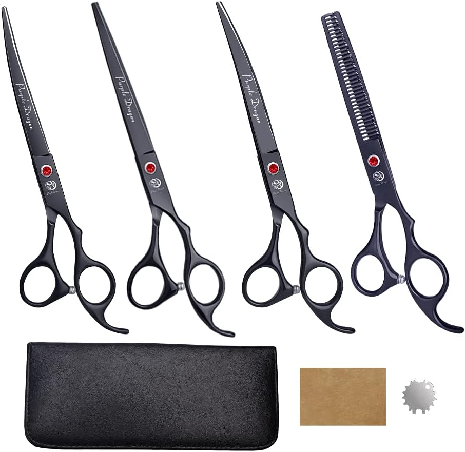 7.0 inch 4PCS Pet Grooming Scissors Kit Japan Premium Steel Straight & Curved & Thinning Blade Shears Set with Case X24482