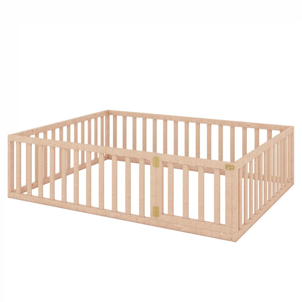 Queen Size Solid Wood Floor Bed Frame with Fence Rail and Door T50543