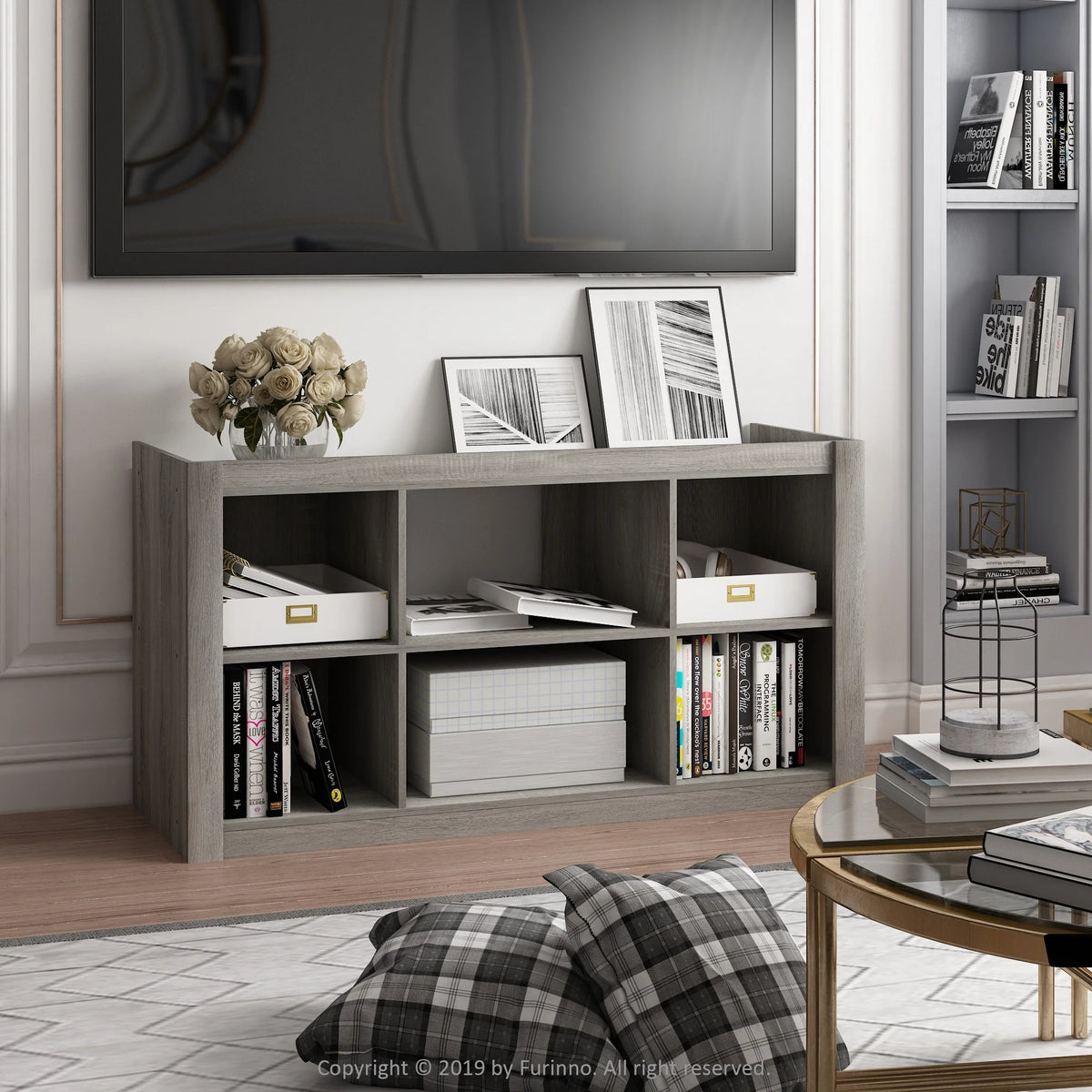 French Oak Grey TV Stand Bookshelves S7889