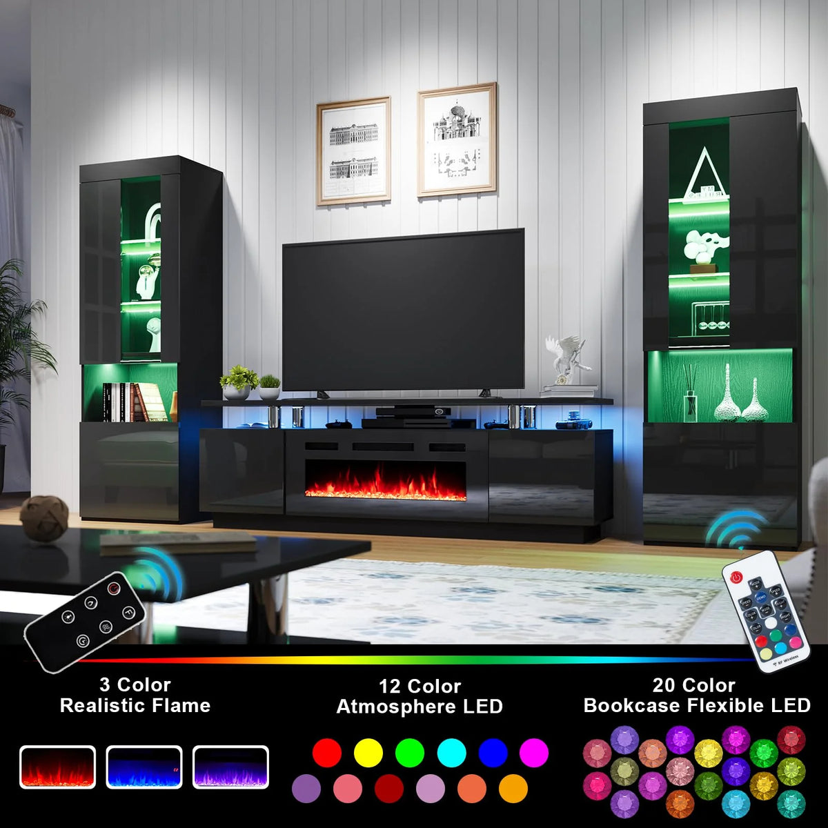 Black Entertainment Center with Fireplace and Bookcases M9459