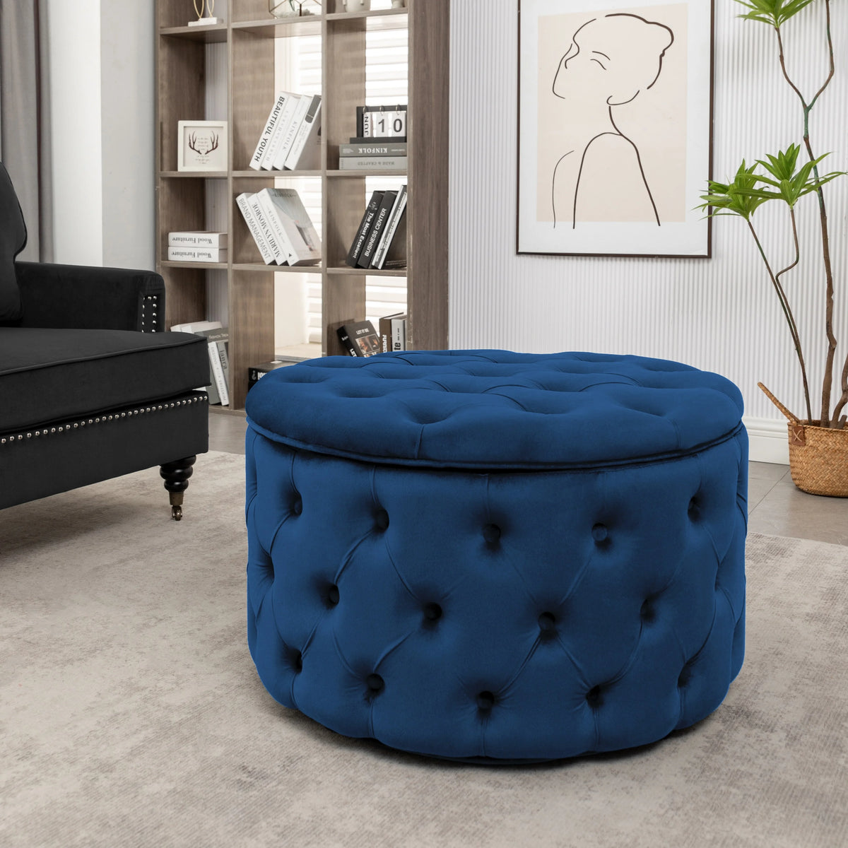Black Velvet Round Storage Ottoman I428