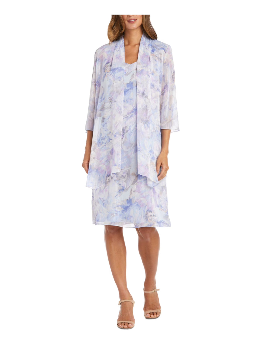 Light Blue Sheer Floral Sleeveless Sweetheart Neckline Knee Length Shift Dress L778550