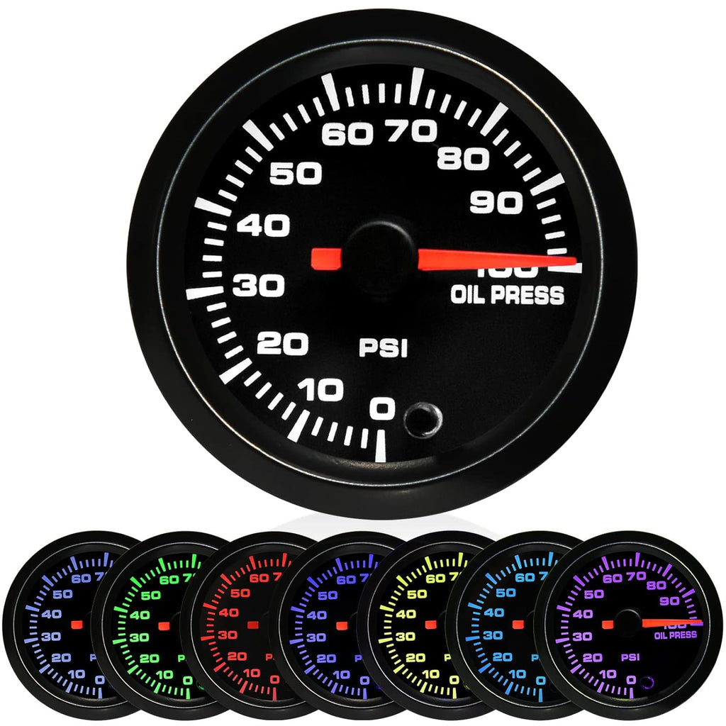 7 Color 100 PSI Oil Pressure Gauge Kit 52mm with Pressure Sensor Pack of 2 H4016