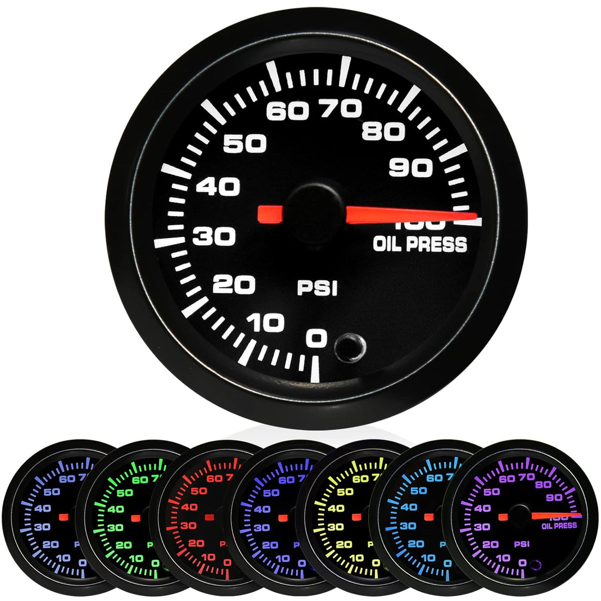 7 Color 100 PSI Oil Pressure Gauge Kit 52mm with Pressure Sensor Pack of 2 H4016