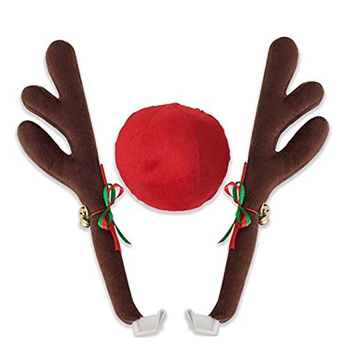 Christmas Reindeer Antlers Car Decoration Kit Plush Red Nose Set with Jingle Bells Y258971