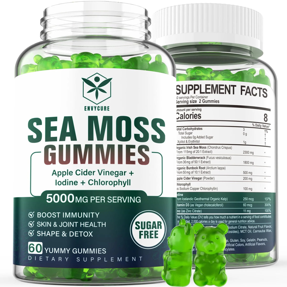 Sugar-Free Sea Moss Gummies 5000mg with Chlorophyll, ACV, D3, Burdock Root, Bladderwrack 60 Chews J72351