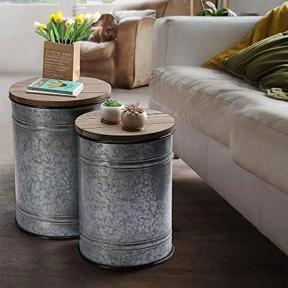 Rustic Ottoman Seat Stool Side Table Set of 2 U79384
