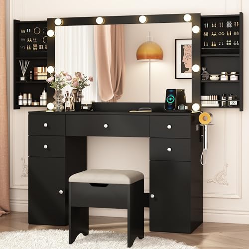 Black Vanity Desk with Lighted Mirror, 5 Drawers, 2 Cabinets, Stool, Glass Top, Sliding Jewelry Storage Shelves N289780