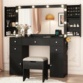 Black Vanity Desk with Lighted Mirror, 5 Drawers, 2 Cabinets, Stool, Glass Top, Sliding Jewelry Storage Shelves N289780