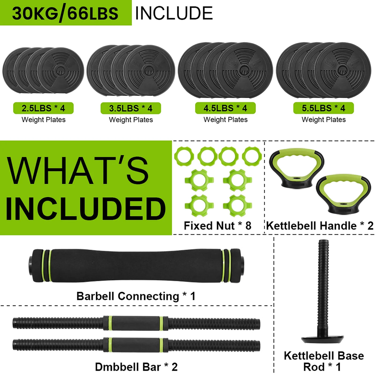 Adjustable 66LBS 88LBS 4 in1 Dumbbell Barbell Kettlebell Set K926