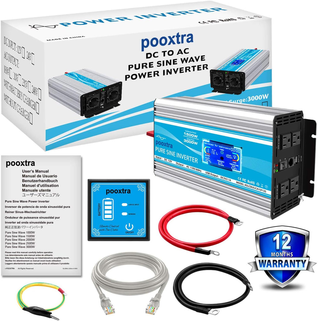 1500 Watt Pure Sine Wave Power Inverter 12V DC to 110V AC with LCD Display USB Port 4 AC Outlets X759
