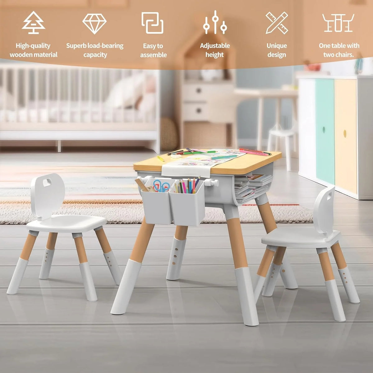 Kids Adjustable Height Wooden Table and Chair Set E3979
