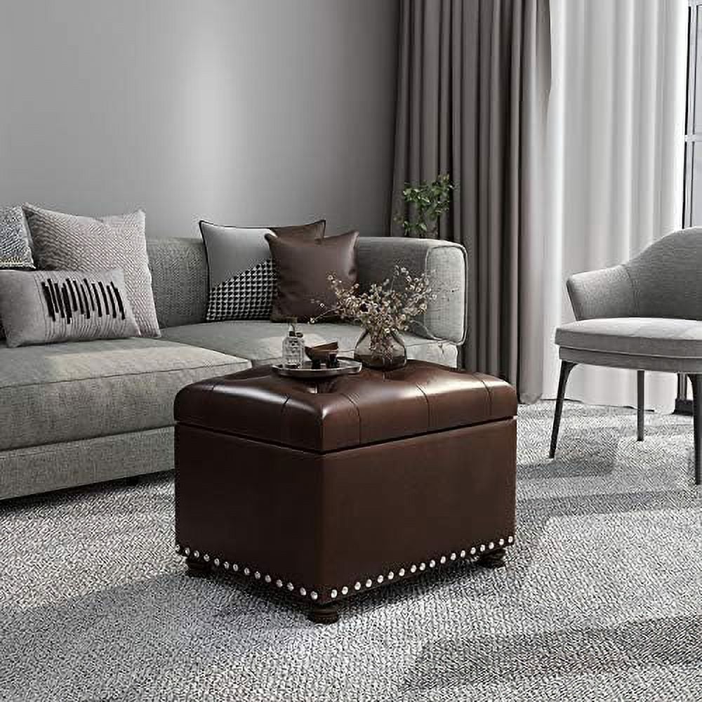 17.7" Brown Faux Leather Tufted Flip Top Ottoman Q400