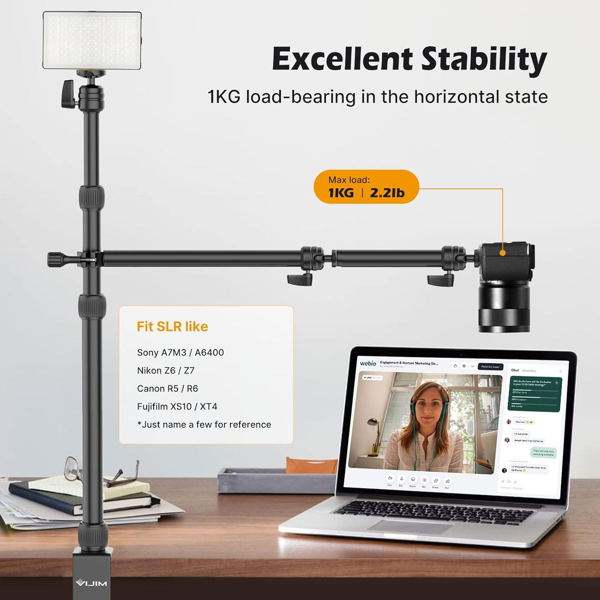 Camera Mount Desk Stand with Auxiliary Holding Arm Y32393