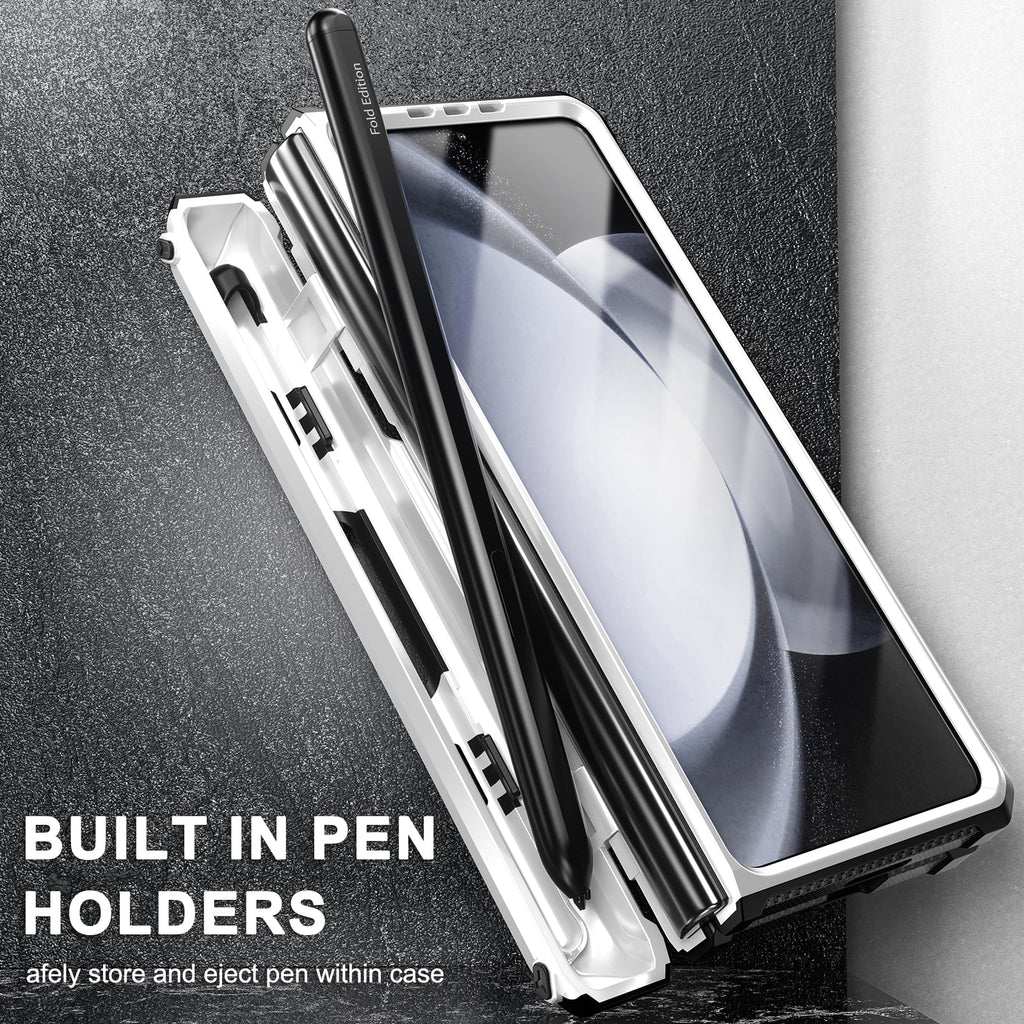 White Rugged Full Body Case with Built-in Glass Screen Protector Hinge Protection Hidden Kickstand Pen Slot Shockproof Armor Case U6242