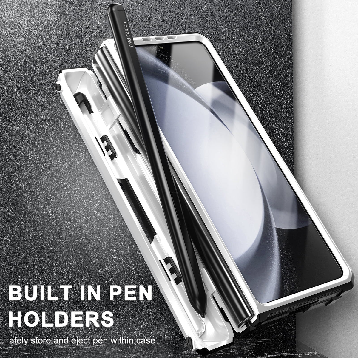 White Rugged Full Body Case with Built-in Glass Screen Protector Hinge Protection Hidden Kickstand Pen Slot Shockproof Armor Case U6242