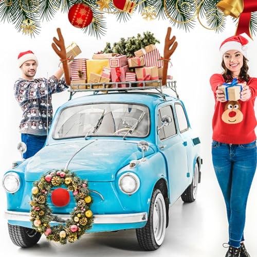 Christmas Reindeer Antlers Car Decoration Kit Plush Red Nose Set with Jingle Bells Y258971