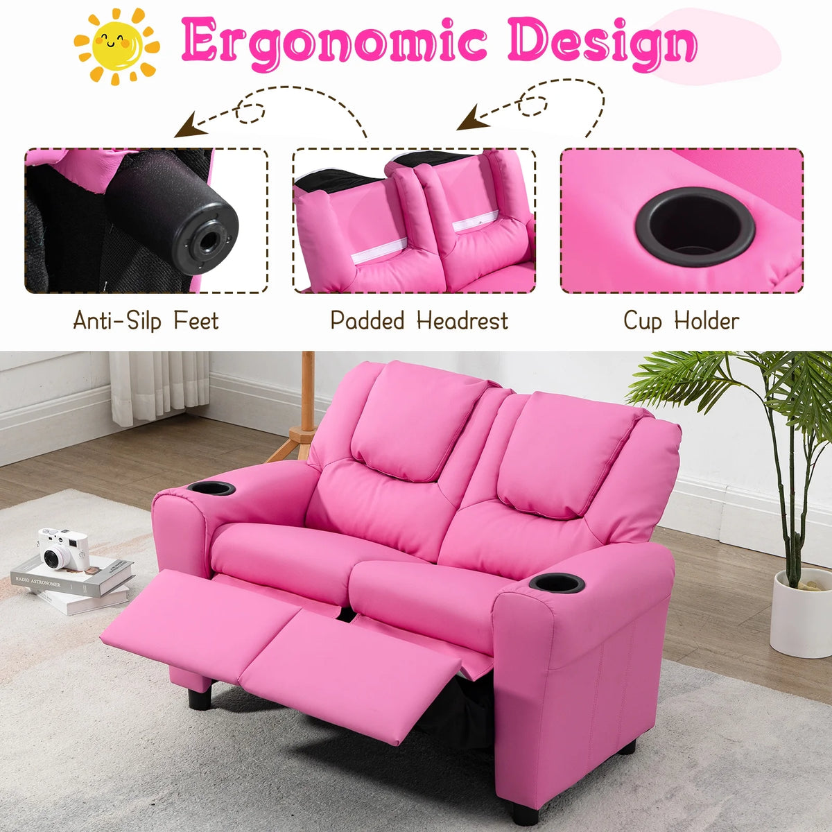 Pink PU Leather Kids Recliner Chair X4930