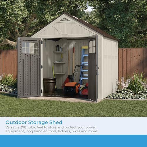 8' x 7' Heavy-Duty Resin Storage Shed with Reinforced Floor, Lockable Double Doors, Cream Q423358