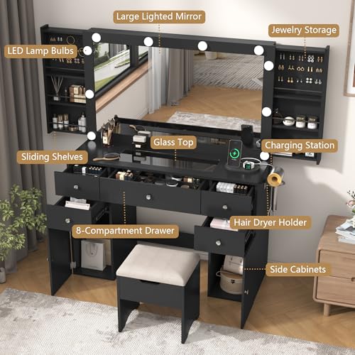 Black Vanity Desk with Lighted Mirror, 5 Drawers, 2 Cabinets, Stool, Glass Top, Sliding Jewelry Storage Shelves N289780