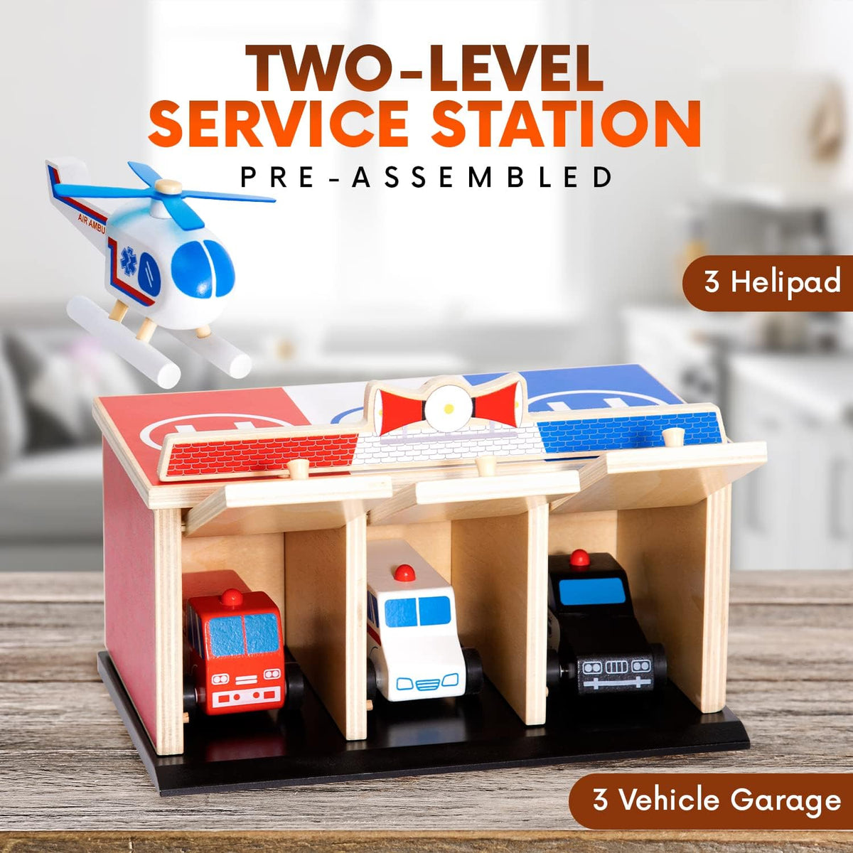 2-Level 3-Bay Parking Garage Toy Set with Fire Truck, Ambulance, Police Car, and 3 Rescue Helicopters L203332