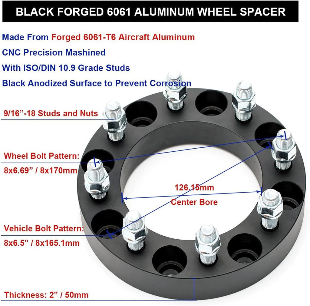 Black Forged 8x6.5 to 8x170 Wheel Adapters 2 Inch with 9/16" Studs Pack of 2 U5821