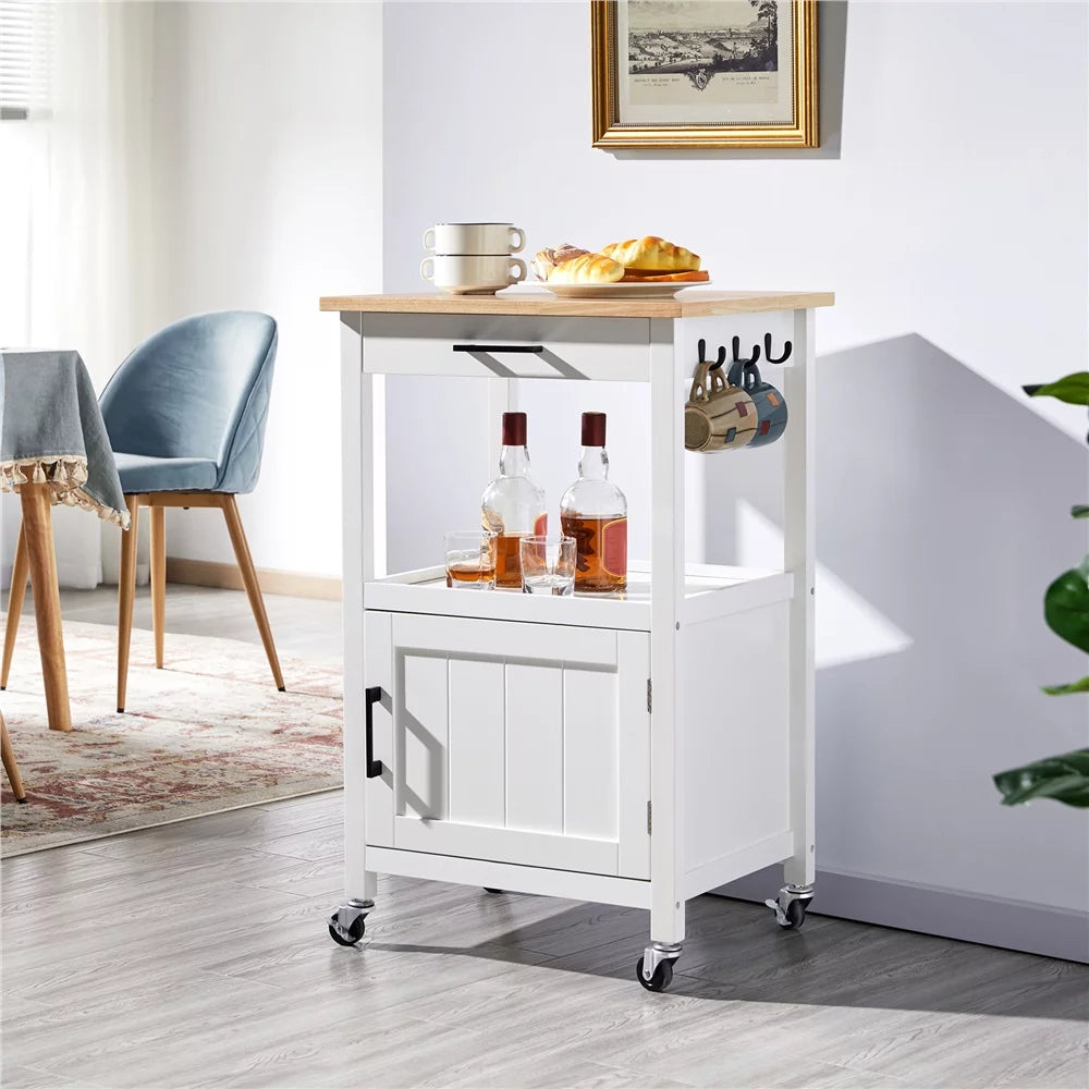 White Rolling Kitchen Island Cart with Wood Top W5978