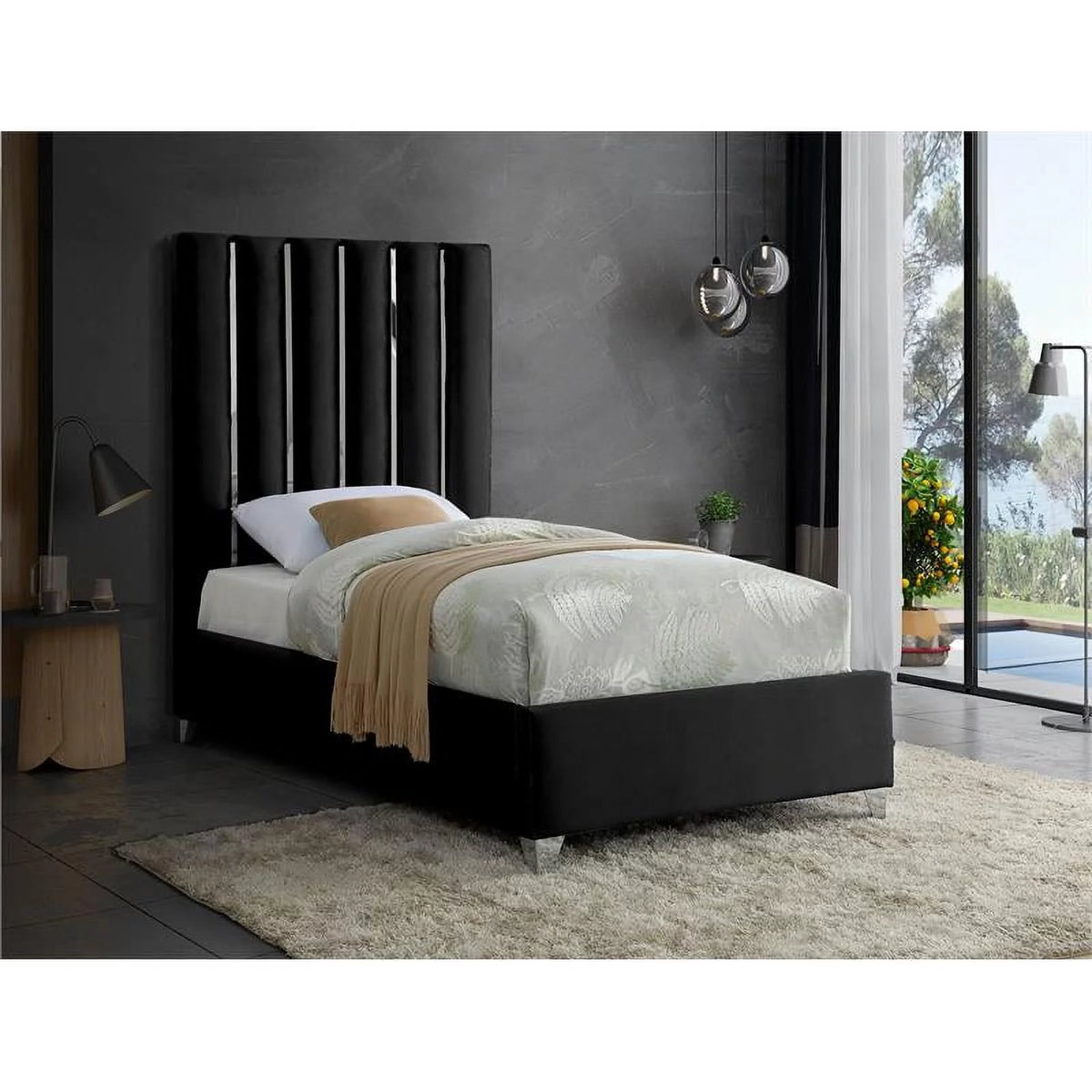 Solid Wood and Velvet Twin Bed in Black K910318
