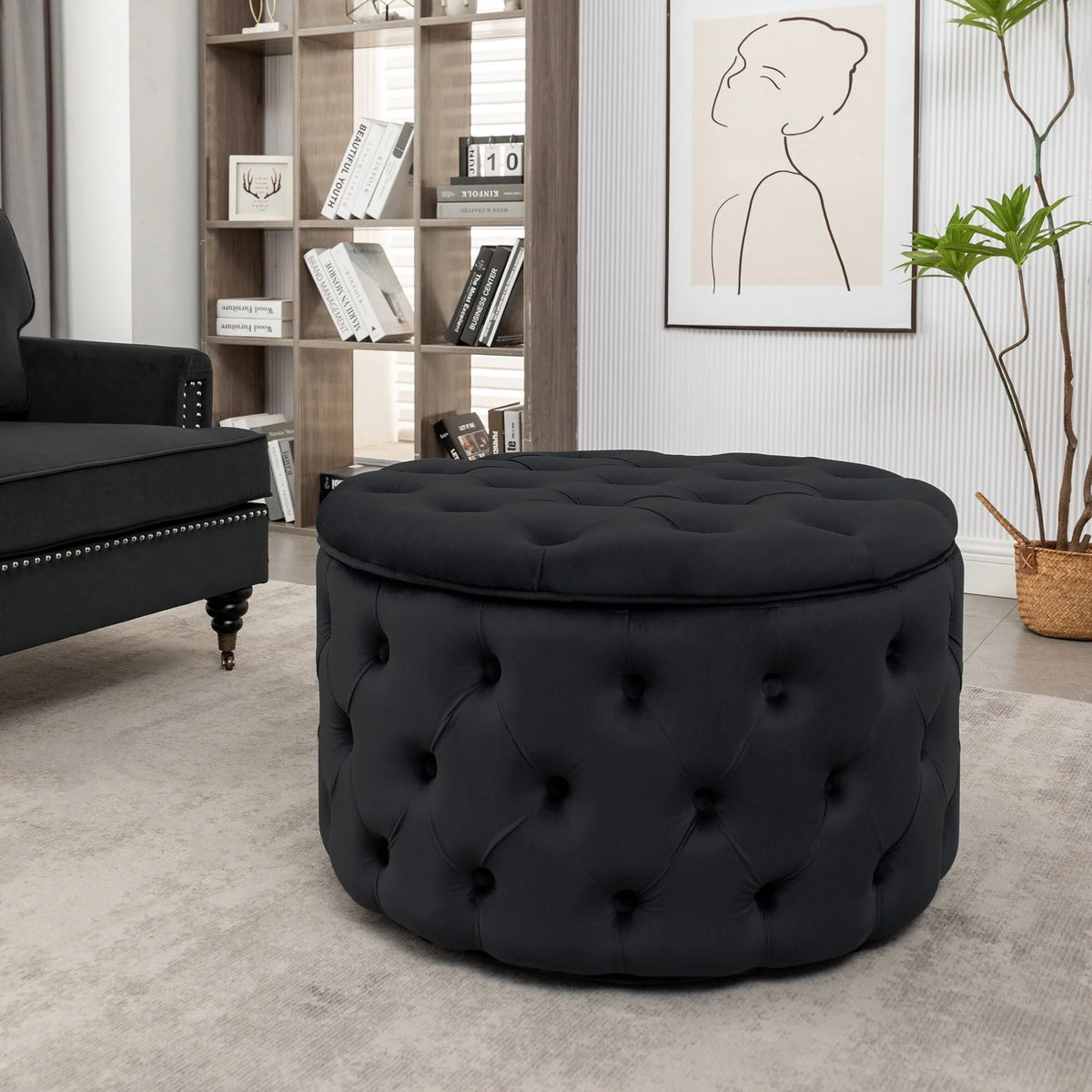 Black Velvet Round Storage Ottoman I428