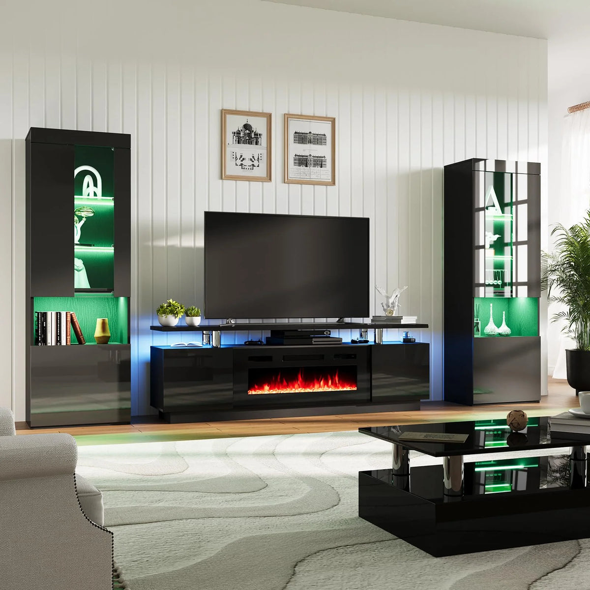 Black Entertainment Center with Fireplace and Bookcases M9459