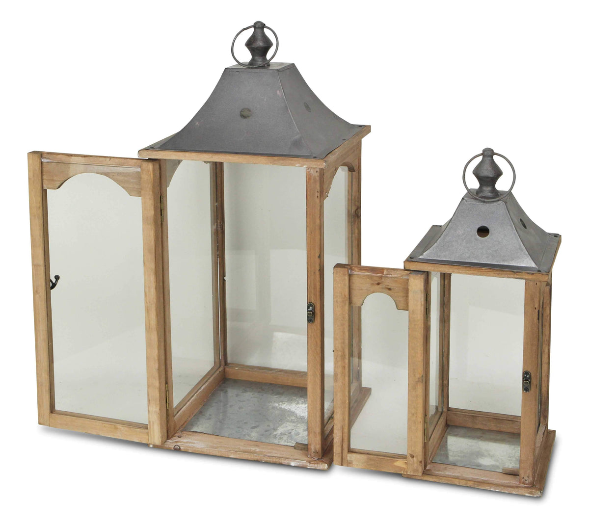 Set of 2 Brown Wood Frame Glass and Metal Top Lanterns I658