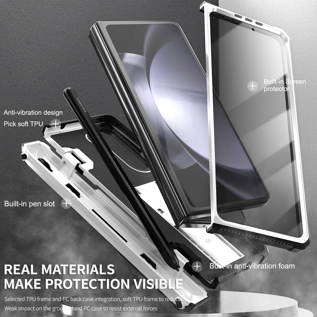 White Rugged Full Body Case with Built-in Glass Screen Protector Hinge Protection Hidden Kickstand Pen Slot Shockproof Armor Case U6242