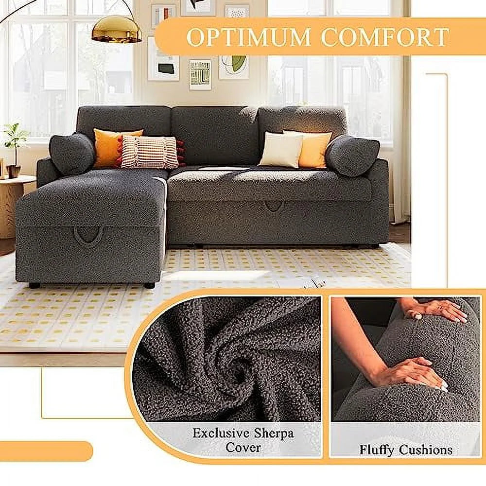 White Sherpa Sleeper Sofa with Storage Chaise Q281324