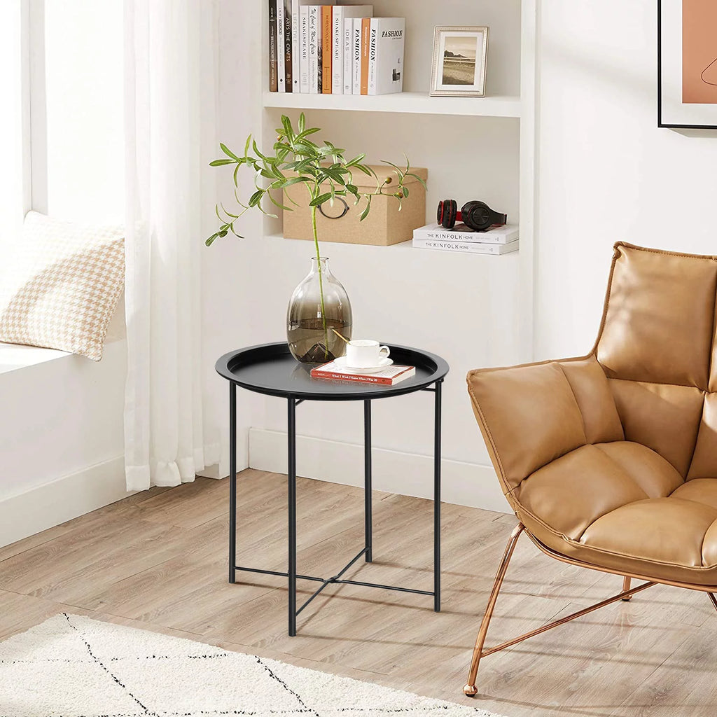 Set of 2 Round Folding Metal Side Table with Removable Tray, Black Z289801