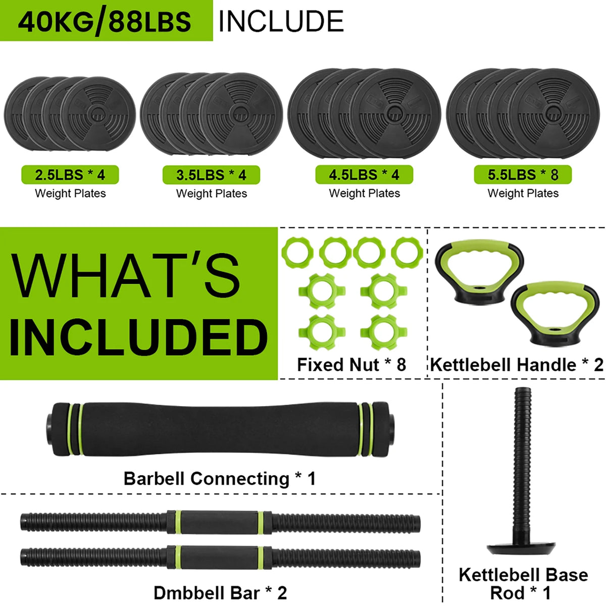 Adjustable 66LBS 88LBS 4 in1 Dumbbell Barbell Kettlebell Set K926