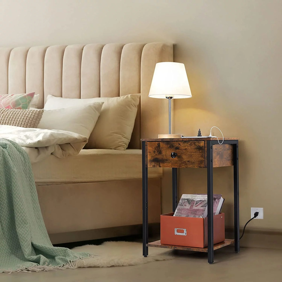 Rustic Brown Nightstand End Table with Charging Station G5725