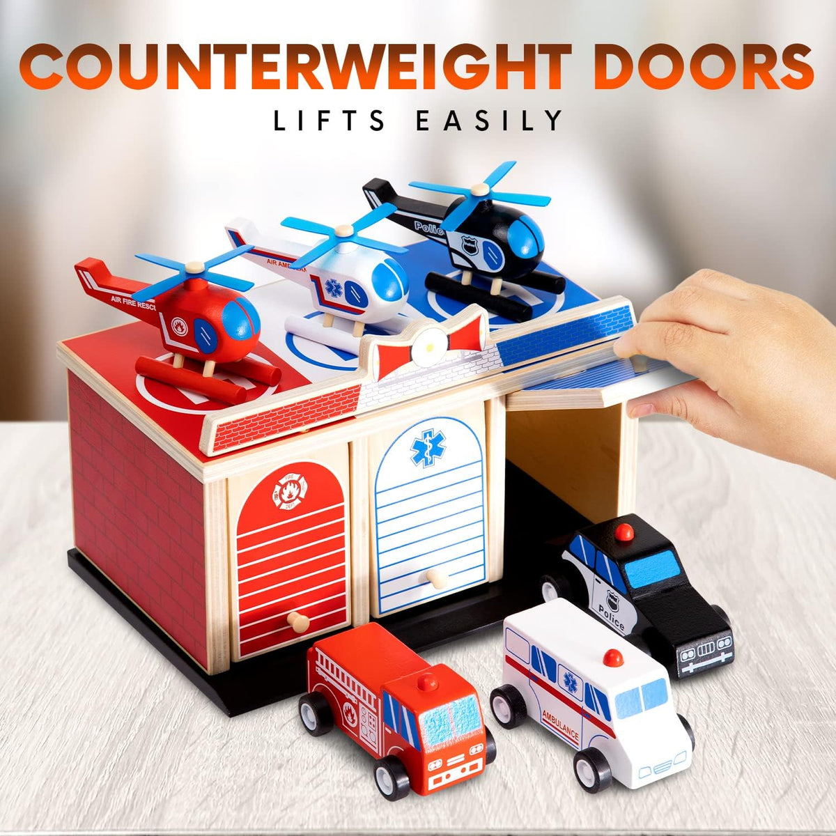 2-Level 3-Bay Parking Garage Toy Set with Fire Truck, Ambulance, Police Car, and 3 Rescue Helicopters L203332
