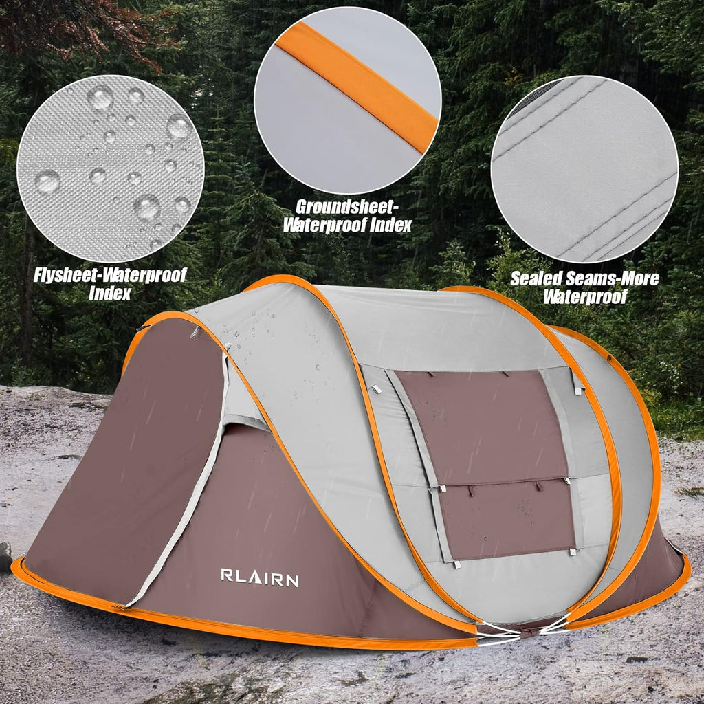 4 Person Pop Up Tent with 2 Mesh Windows & Doors Waterproof Brown Q655