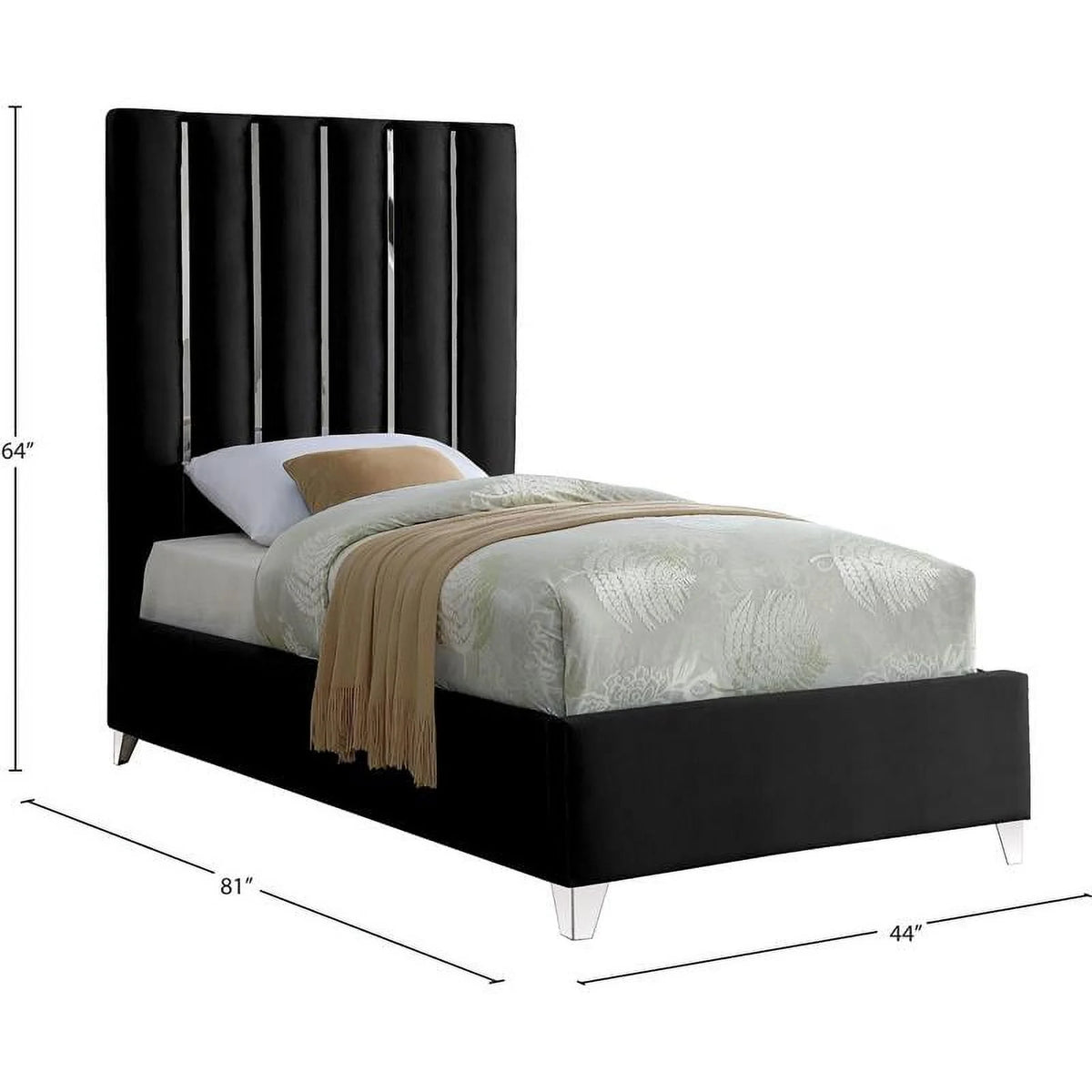 Solid Wood and Velvet Twin Bed in Black K910318